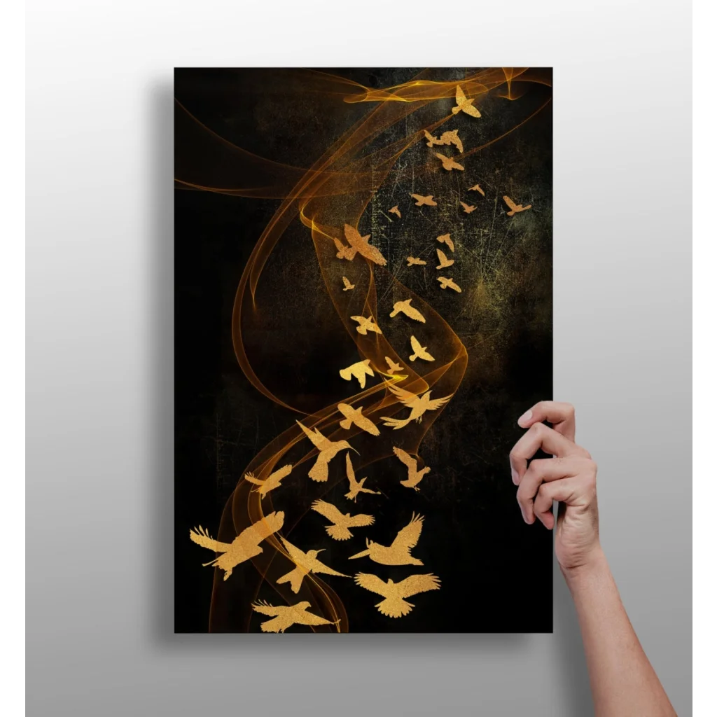 Golden birds rising through mystical smoke on black canvas art