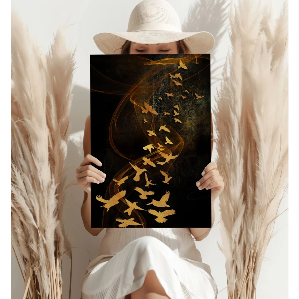 Golden Birds Rising Through Mystical Smoke canvas art print