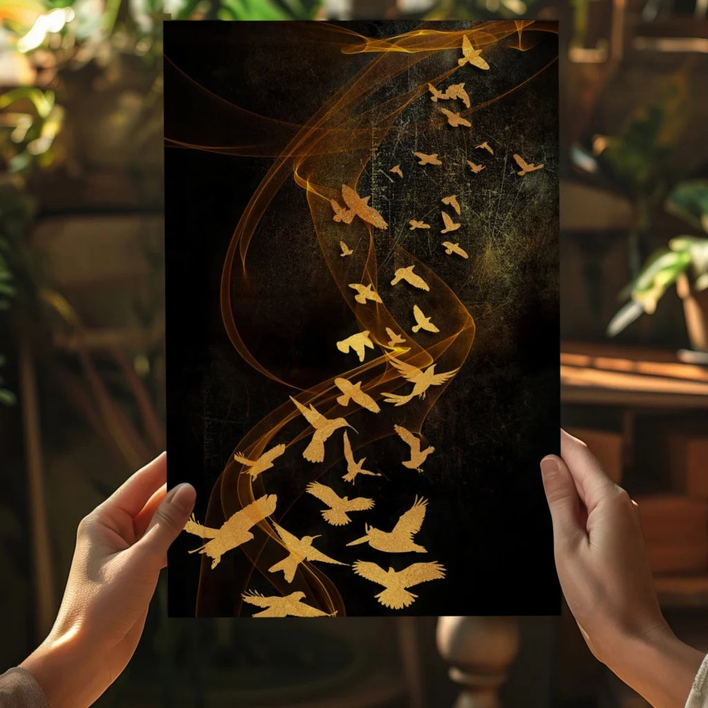 Golden Birds Rising Through Mystical Smoke on black background poster