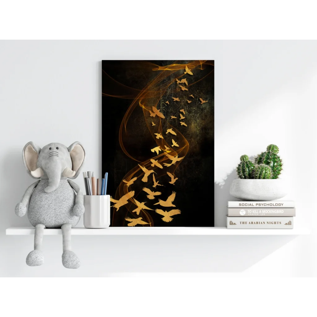 Elephant plush toy with gray fur, white tusks, on shelf amid golden birds art