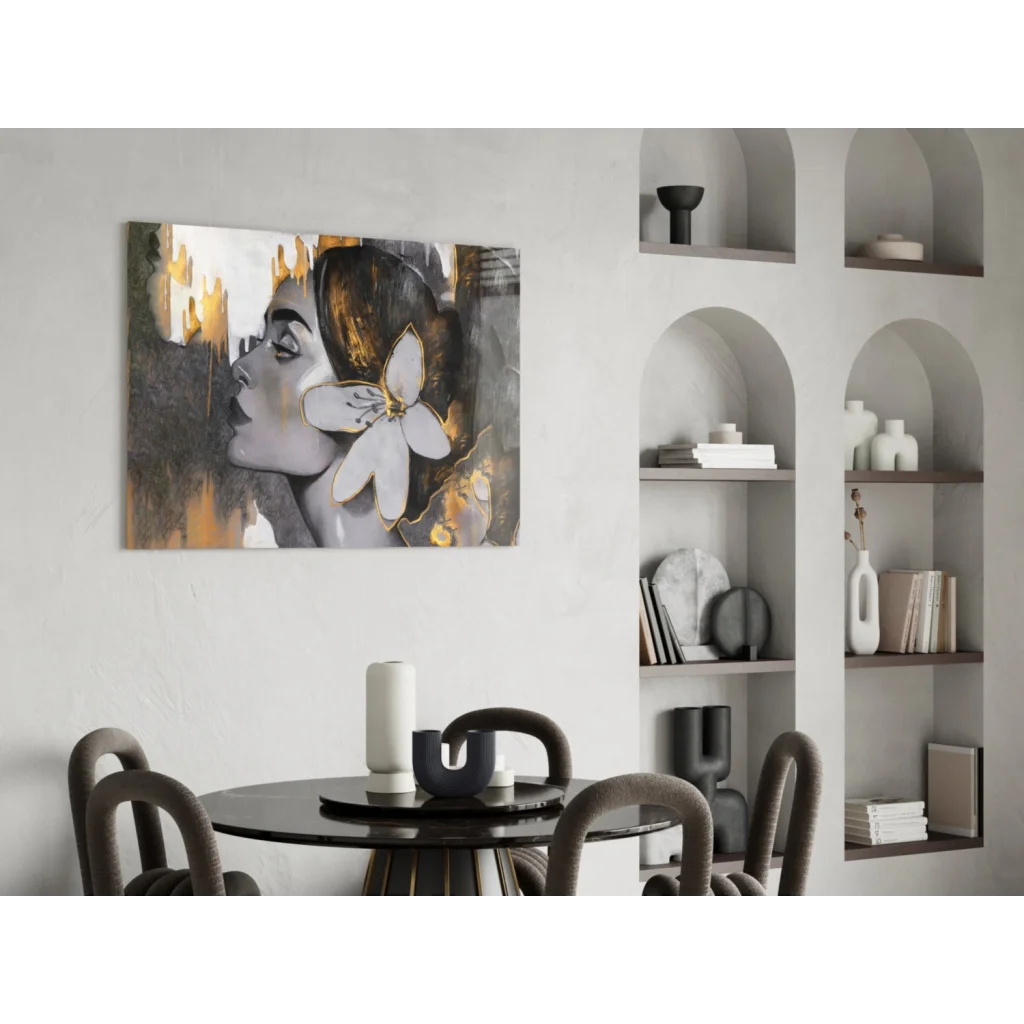 Modern Golden Bloom portrait canvas wall art with metallic floral accents