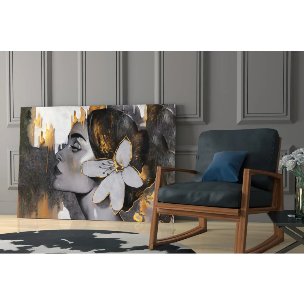 Modern Golden Bloom Portrait wall art with metallic accents