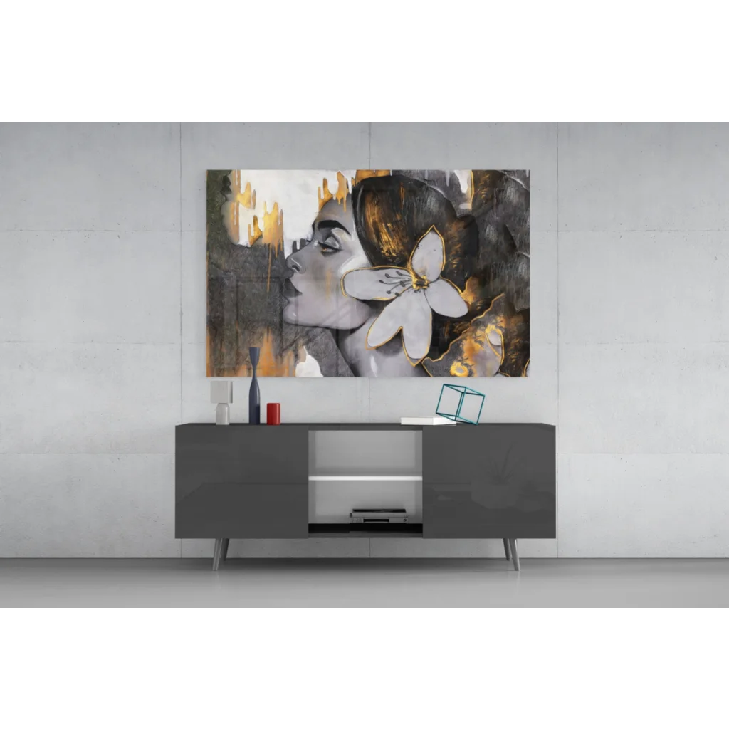 Modern abstract Golden Bloom Portrait wall art with woman’s profile and gold accents