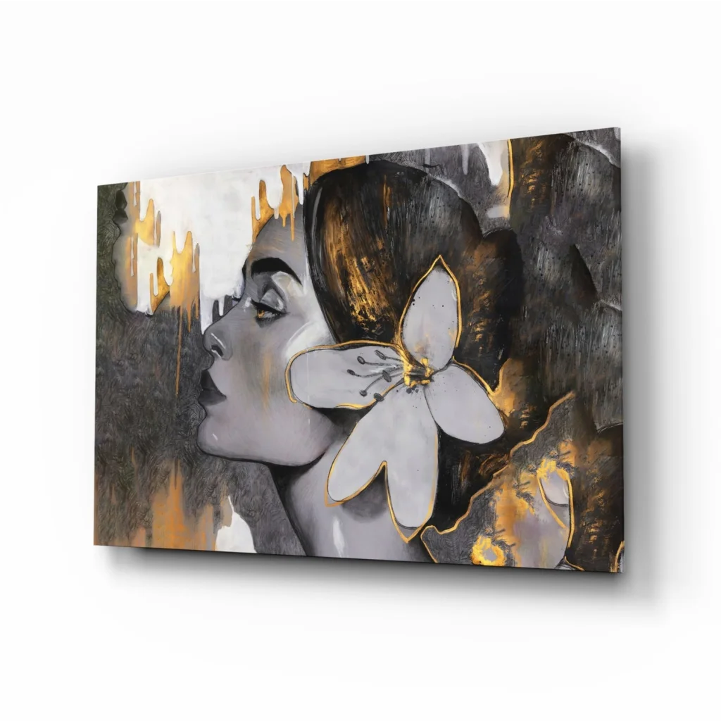 Modern abstract Golden Bloom Portrait wall art with metallic accents