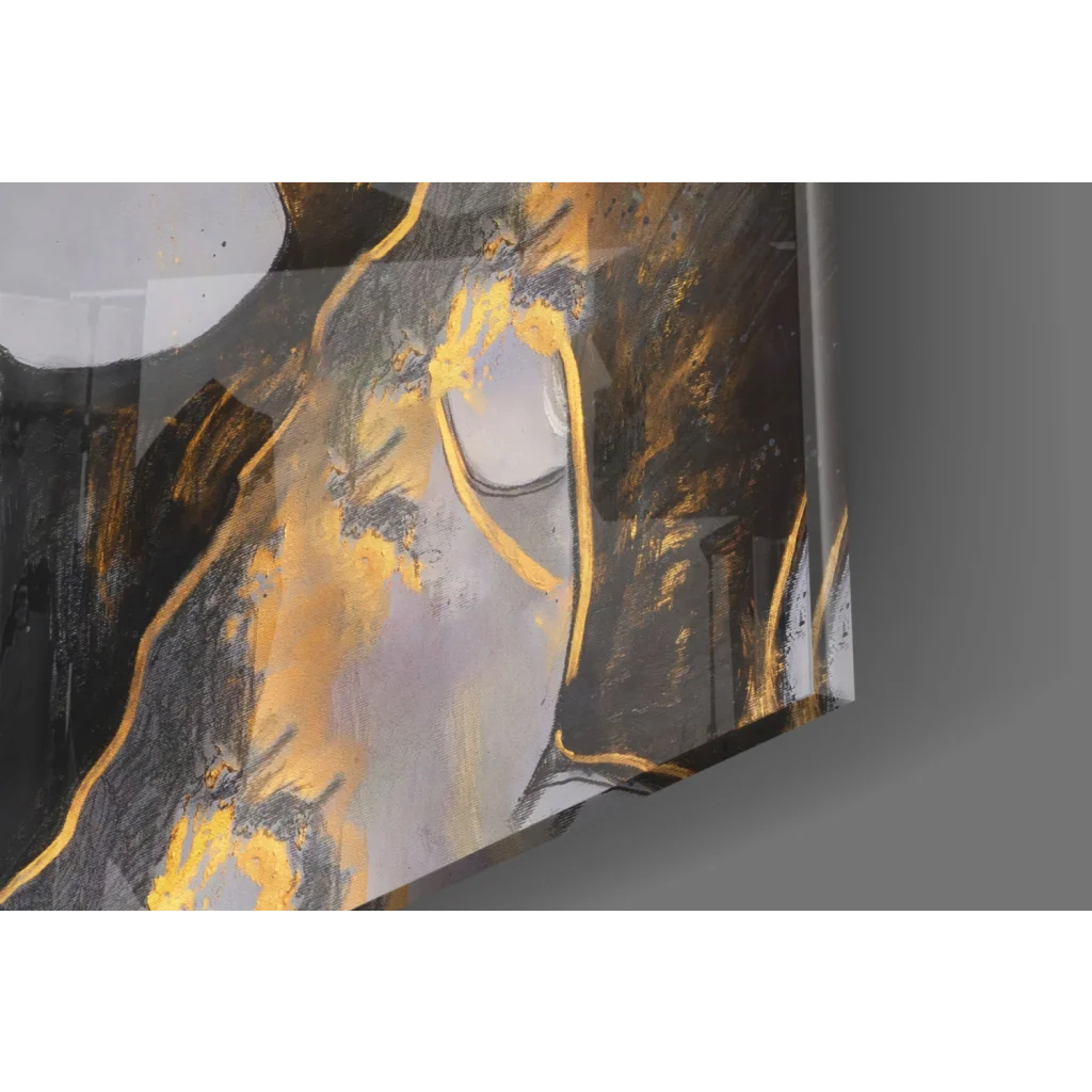 Golden Bloom abstract canvas wall art with bold gold, black, gray strokes and glossy metallic finish