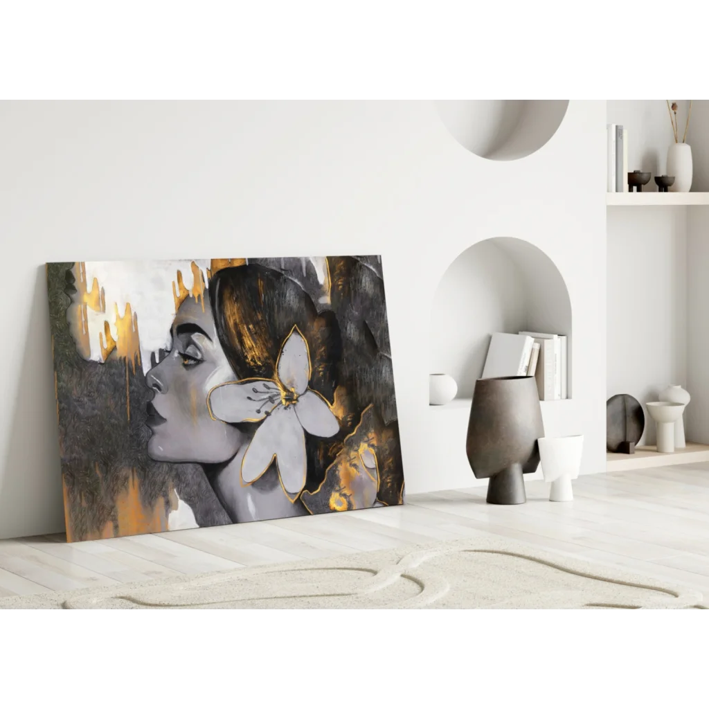 Modern Golden Bloom Portrait canvas wall art with metallic accents