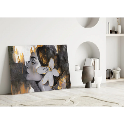 Modern Golden Bloom Portrait canvas wall art with metallic accents