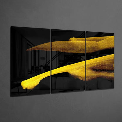 Golden Brushstroke Glass Wall Art Triptych Set with bold strokes