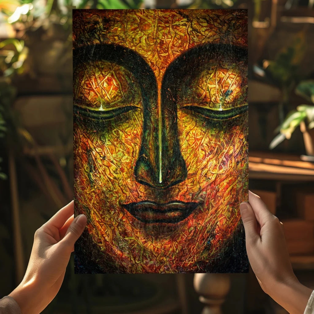 Golden Buddha canvas art poster with vibrant green eyes and intricate designs