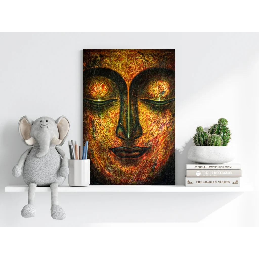 Golden Buddha canvas art print with vibrant green eyes