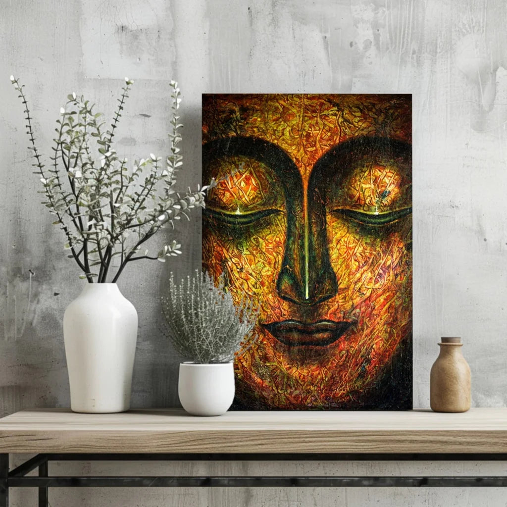 Golden Buddha canvas art print with vibrant green eyes