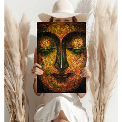 Golden Buddha canvas art print with vibrant green eyes