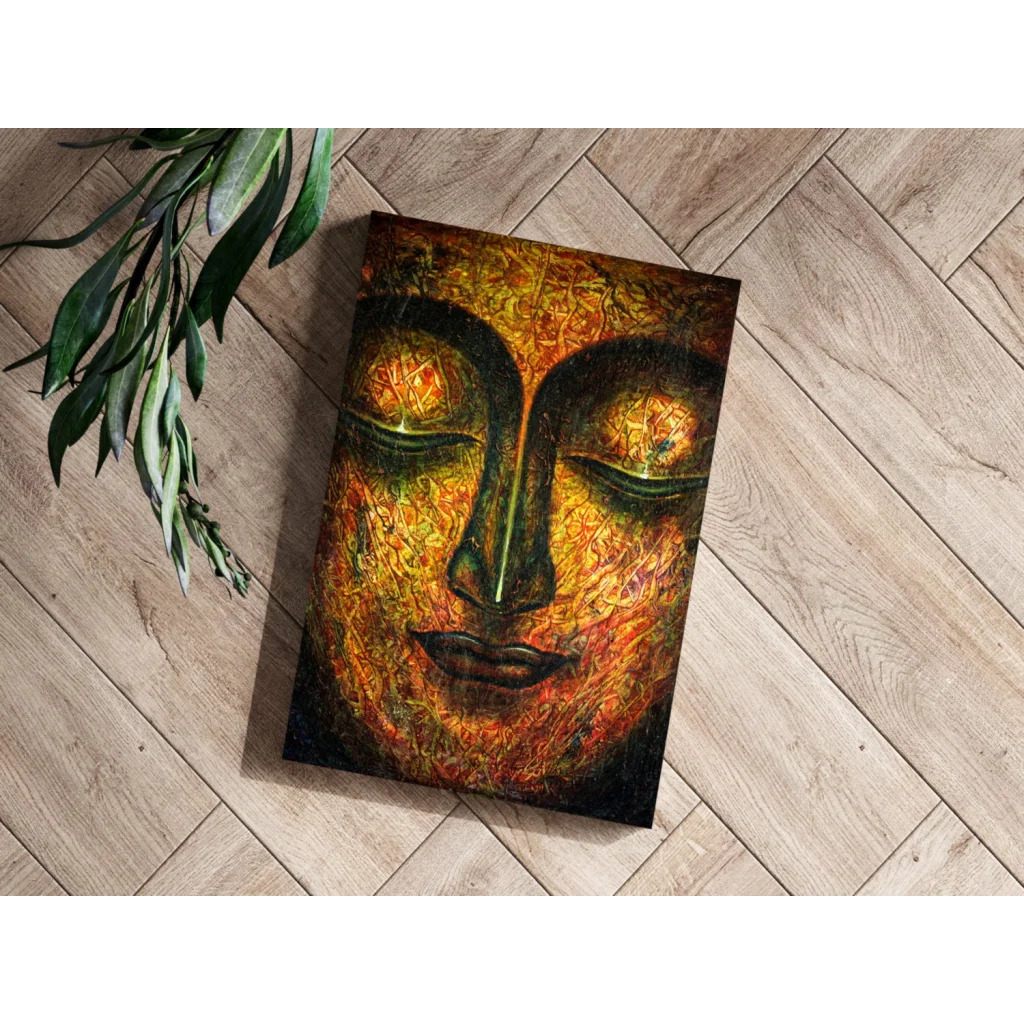 Golden Buddha canvas art with vibrant green eyes and textured gold green hues