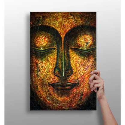 Golden Buddha face canvas art with flames and green eyes