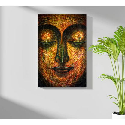 Golden Buddha canvas art with vibrant green eyes in orange and green hues