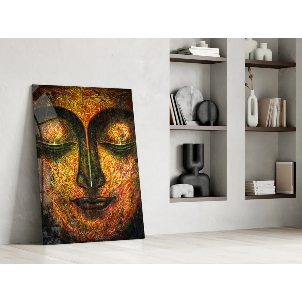 Vibrant green gold Buddha face textured canvas wall art
