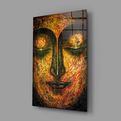 Golden Buddha face wall art with intricate textured designs