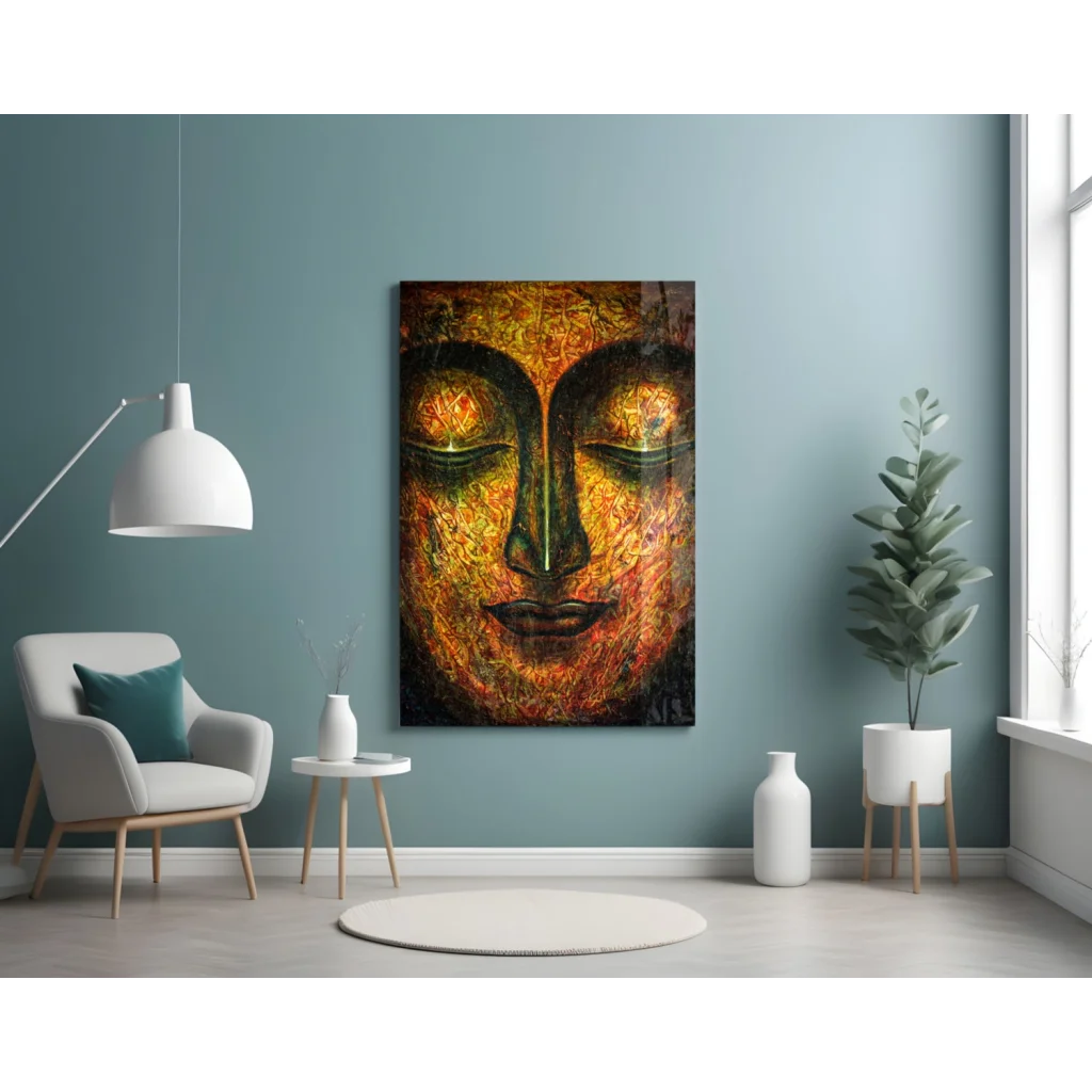 Golden Buddha face wall art canvas with intricate texture