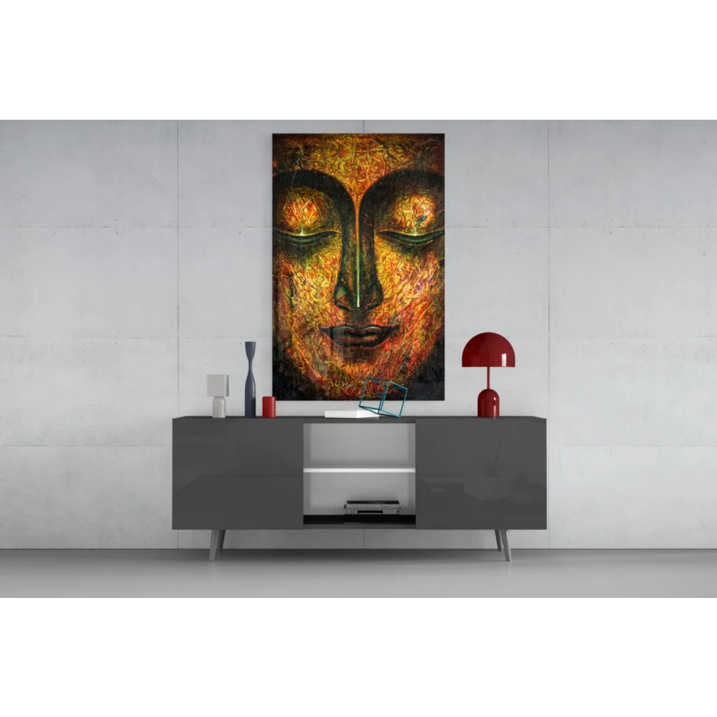 Golden Buddha face wall art with intricate gold and black details