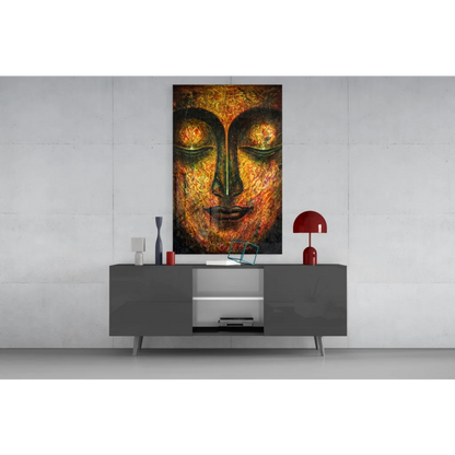 Golden Buddha face wall art with intricate gold and black details
