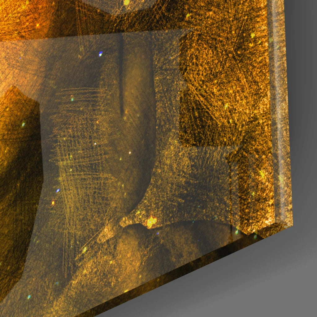Golden Buddha tempered glass art with cosmic swirls and glittery specks