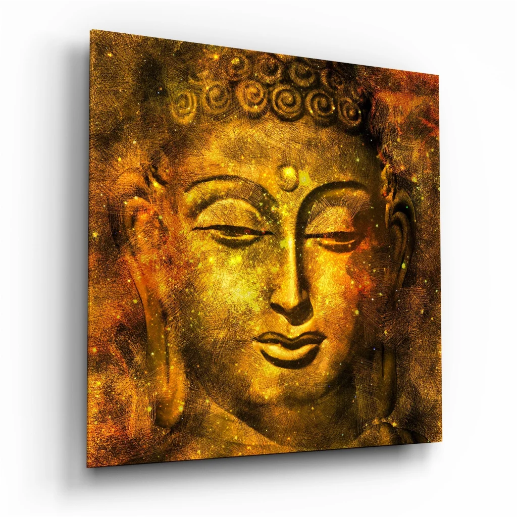 Golden Buddha tempered glass art with cosmic swirls and starry texture