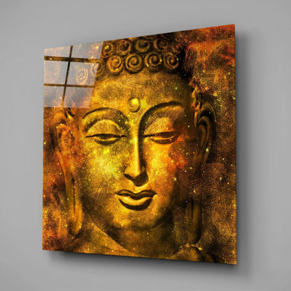 Golden Buddha tempered glass art with cosmic swirls and metallic sheen