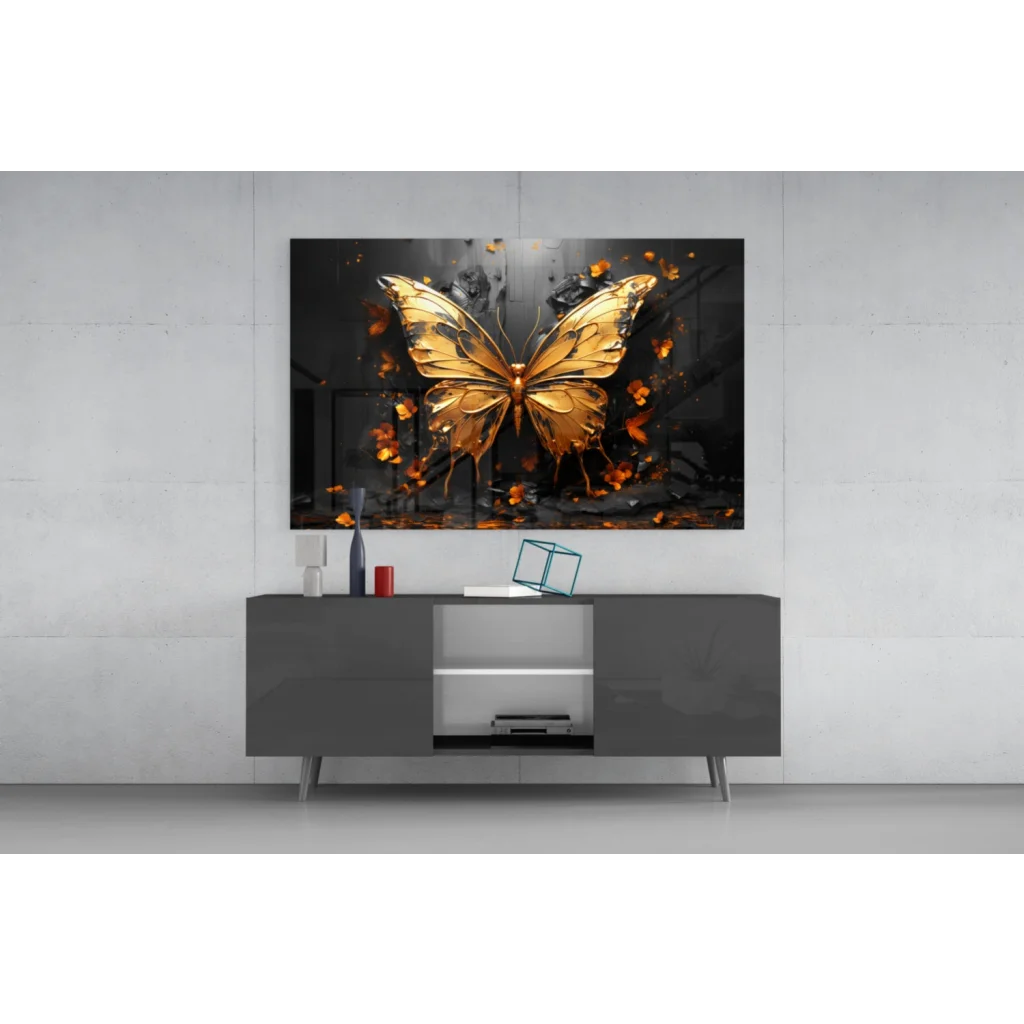 Stunning golden butterfly glass wall art with fiery orange accents