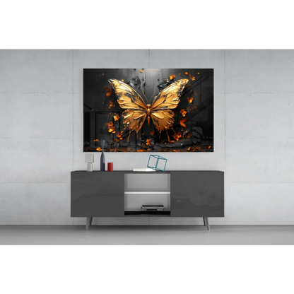 Stunning golden butterfly glass wall art with fiery orange accents