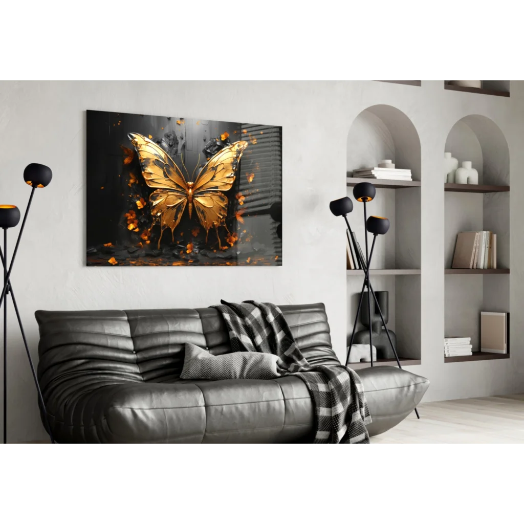 Stunning golden butterfly glass wall art with metallic glow