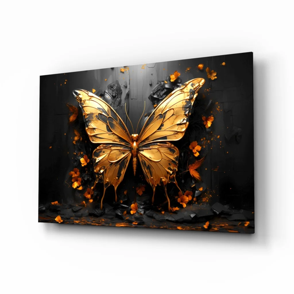 Stunning golden butterfly glass wall art with metallic glow