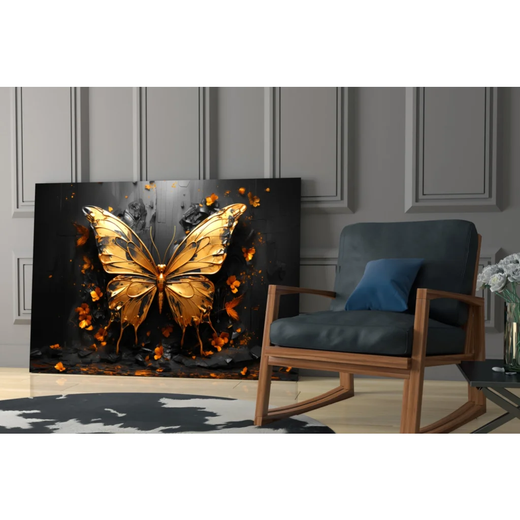 Stunning golden butterfly glass wall art with metallic glow