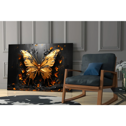 Stunning golden butterfly glass wall art with metallic glow