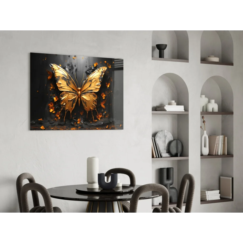 Stunning golden butterfly glass wall art with metallic glow