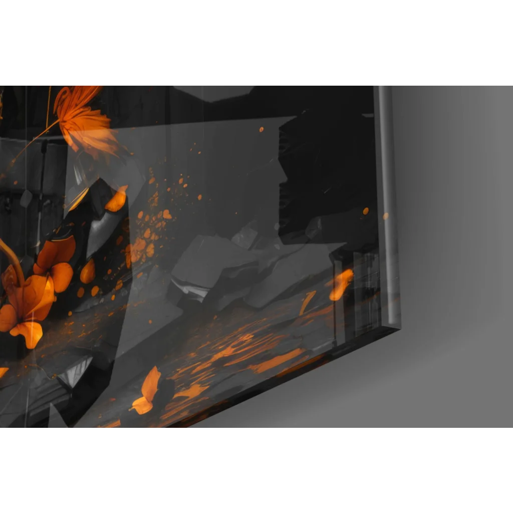 Sleek black glass wall art with orange floral splatters and golden butterfly glow