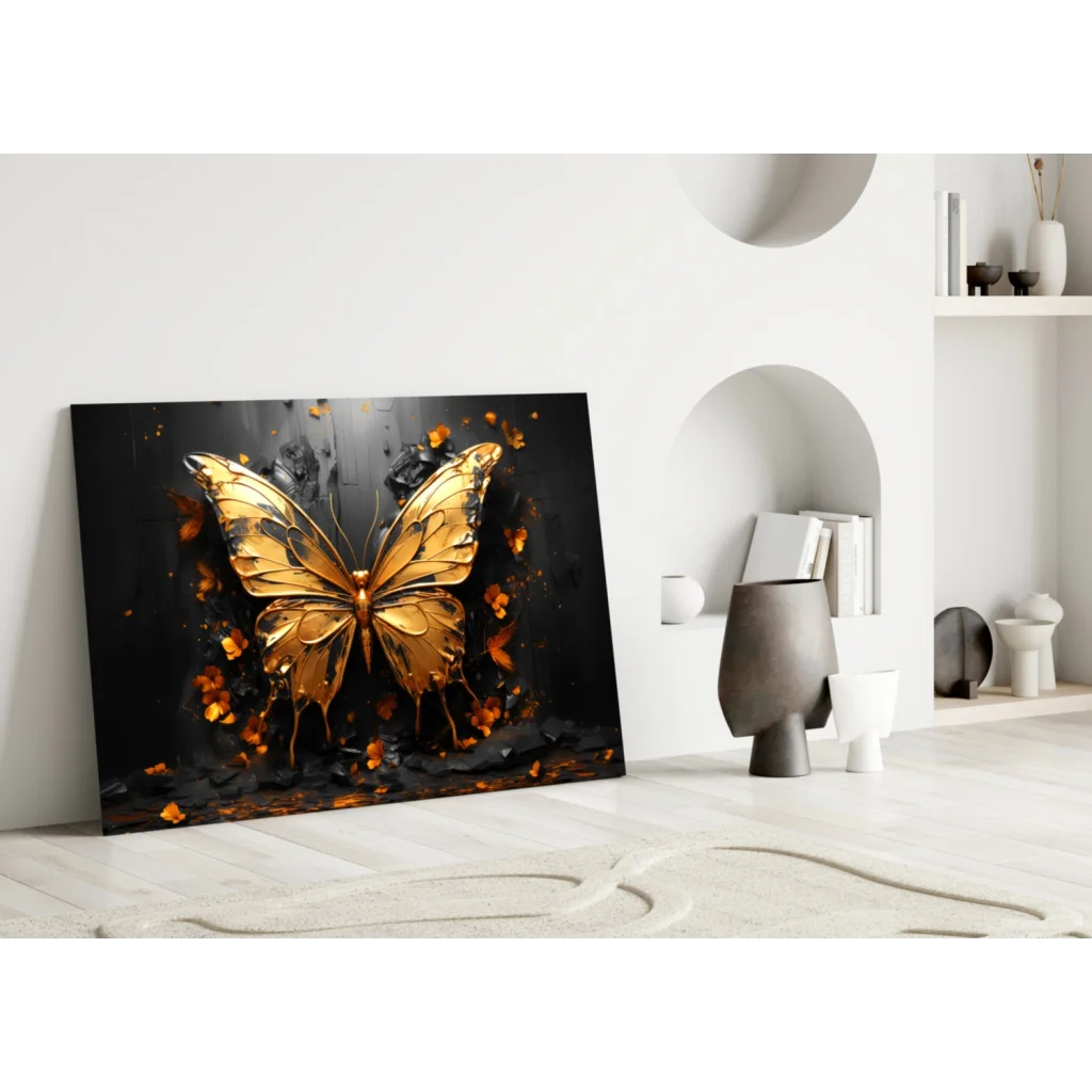 Stunning golden butterfly glass wall art with metallic glow