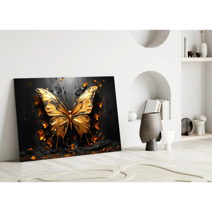 Stunning golden butterfly glass wall art with metallic glow