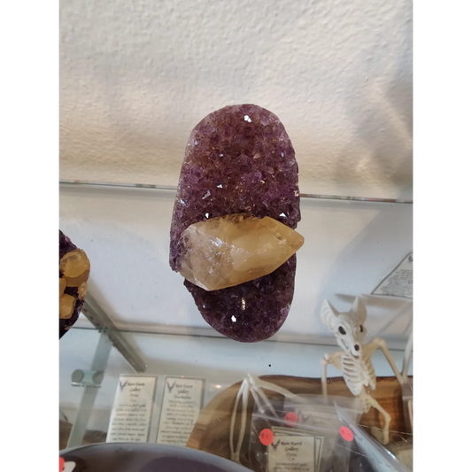 Polished golden calcite crystal inclusion geode with quartz crystal