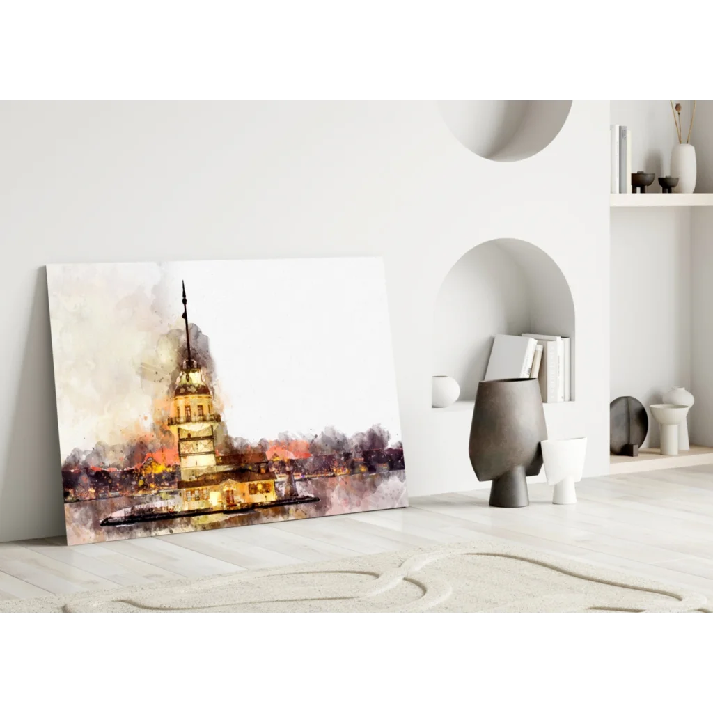 Golden Castle watercolor wall art canvas print of castle in warm tones