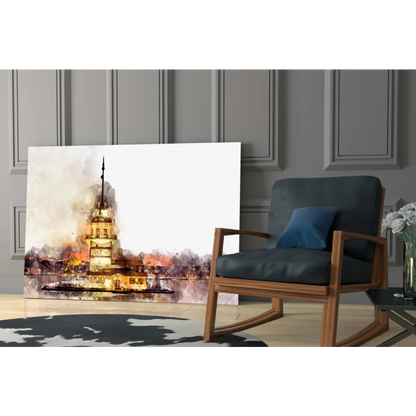 Golden Castle watercolor tower wall art canvas print