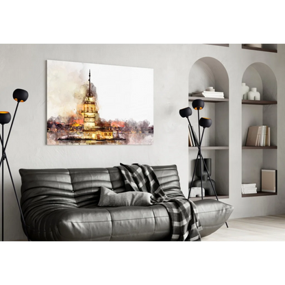 Cozy black leather couch with plaid throw and Golden Castle wall art lamp