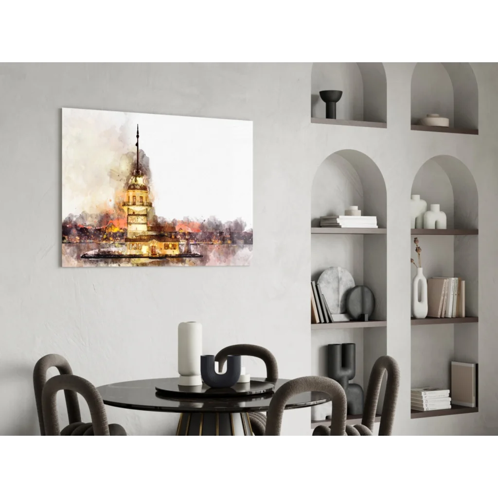 Gold and white watercolor tower on canvas wall art print