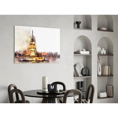 Gold and white watercolor tower on canvas wall art print