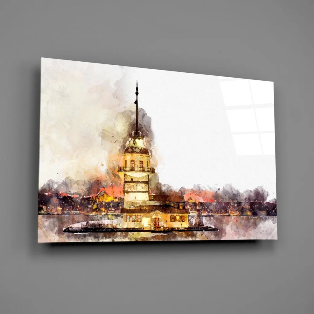 Golden Castle watercolor wall art canvas print with gold tower painting