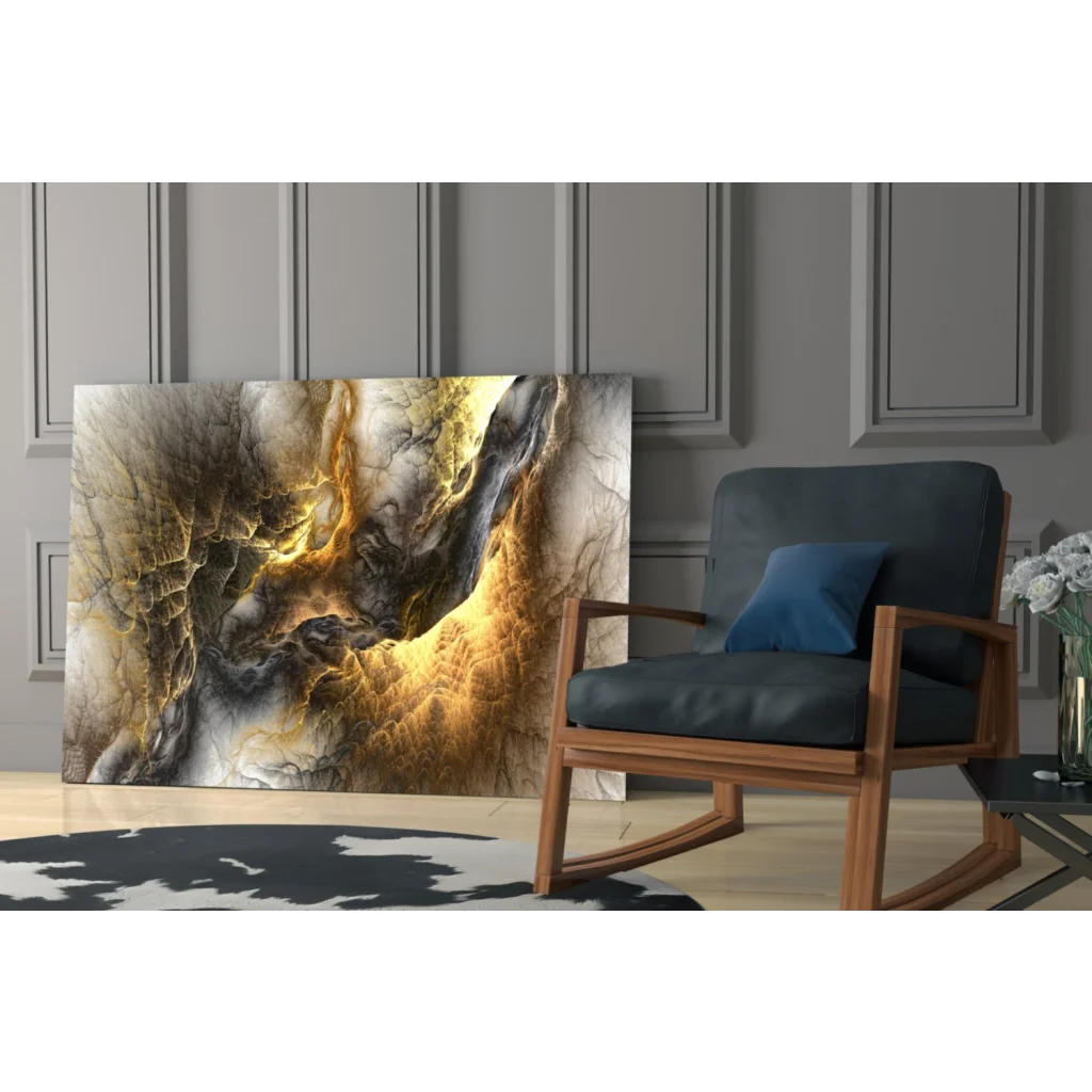 Swirling gold marble glass wall art canvas with black and white patterns