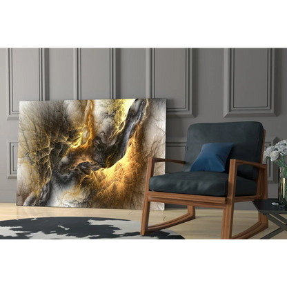 Swirling gold marble glass wall art canvas with black and white patterns