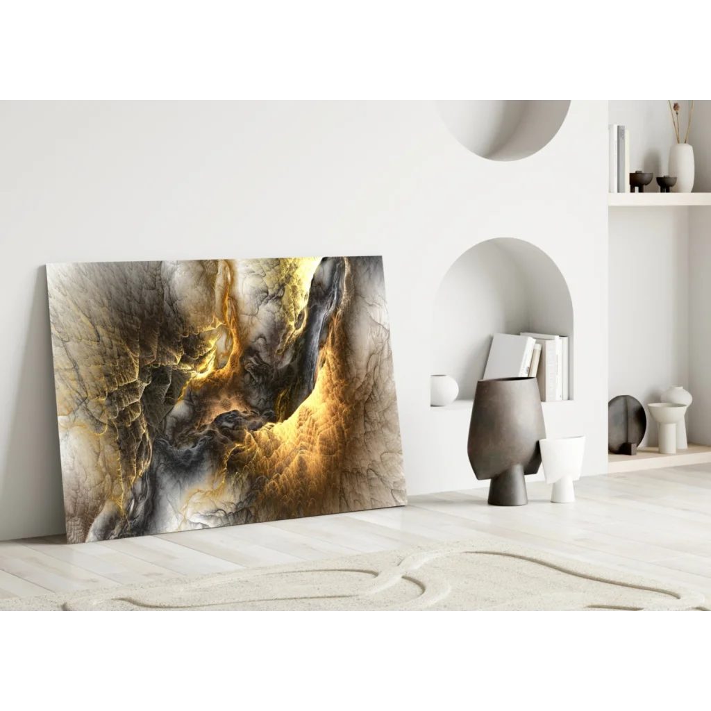 Swirling gold marble glass wall art canvas with abstract patterns