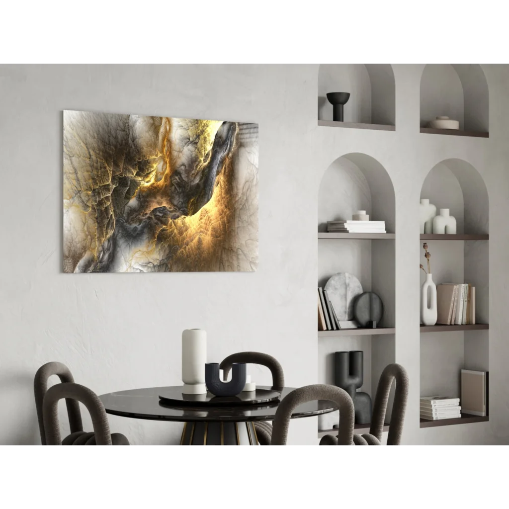 Swirling gold marble glass wall art canvas with abstract black white textures