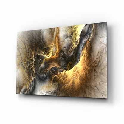 Swirling gold marble glass wall art with fractal patterns