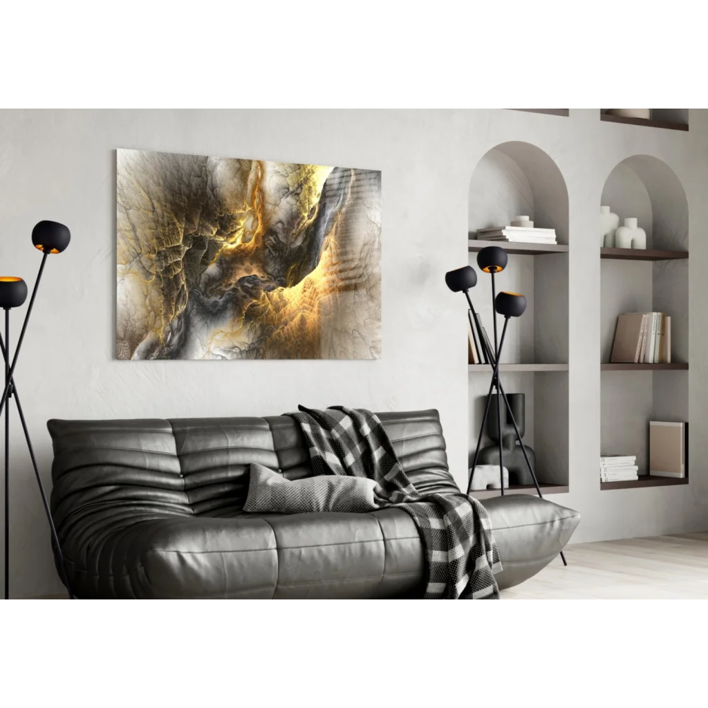 Swirling gold marble glass wall art canvas with abstract patterns